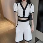 Set: Short-sleeve Contrast Trim Cropped Cardigan + Knit Shorts Set - White - One Size