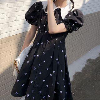 Puff-sleeve Contrast Collar Floral Embroidered A-line Dress