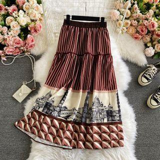 Printed Pinstripe Pleated A-line Skirt