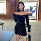 Long-sleeve Halter Velvet Mini Sheath Dress