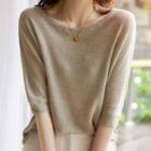 Elbow-sleeve Knit Top Coffee - One Size