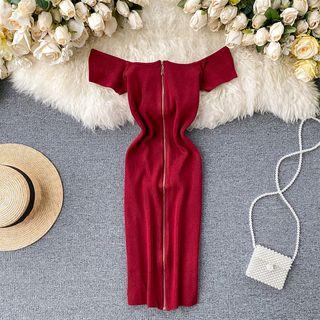 Off-shoulder Zip-up Midi Knit Sheath Dress