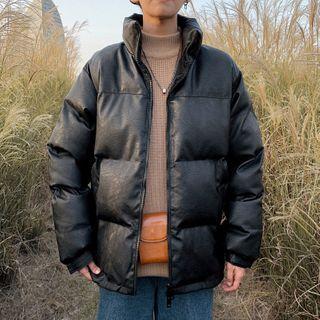 Long-sleeve Plain Faux Leather Padded Coat