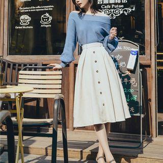 Set: Off-shoulder Sweater + Buttoned Midi A-line Skirt