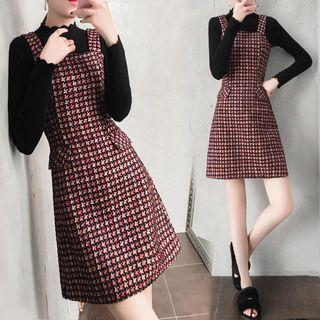 Mock-neck Long-sleeve Knit Top / Patterned Tweed Pinafore Dress / Set