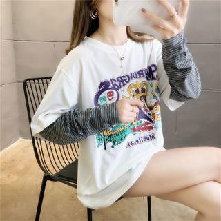Mock Two-piece Long-sleeve Crocodile Print T-shirt