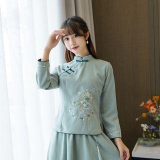 Set: Flower Embroidered Hanfu Blouse + Midi A-line Skirt