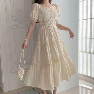Short-sleeve Ruched Midi A-line Dress White - One Size