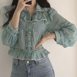 Long-sleeve Embroidered Floral Frill Trim Chiffon Top