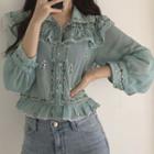 Long-sleeve Embroidered Floral Frill Trim Chiffon Top