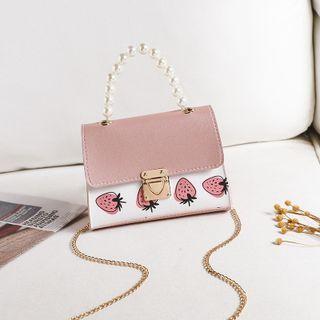 Faux Pearl Top Handle Strawberry Print Crossbody Bag