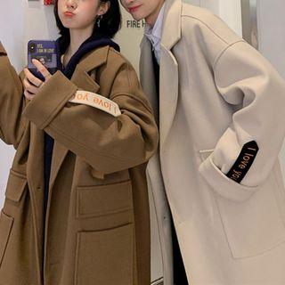 Lettering Applique Lapel Collar Woolen Coat