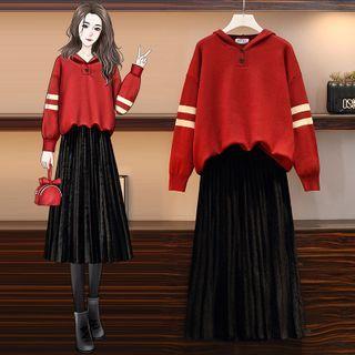 Set: Striped Hooded Sweater + Midi Accordion Pleat Skirt