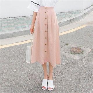 Button-front Linen Midi A-line Skirt