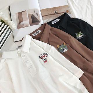 Elbow-sleeve Animal Embroidery Polo Shirt