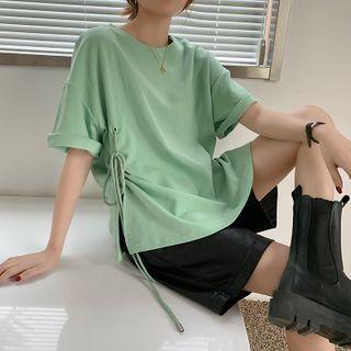 Short-sleeve Tie-strap Slit T-shirt
