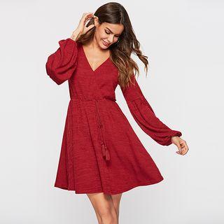 V-neck Lantern-sleeve A-line Mini Dress