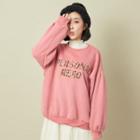 Leopard Letter Applique Puff Sleeve Pullover Rose Pink - One Size
