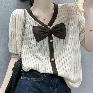 Short-sleeve Bow Front Knit Top