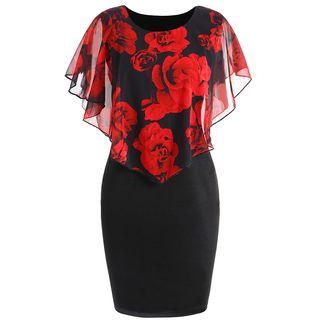 Rose Print Capelet Sheath Dress