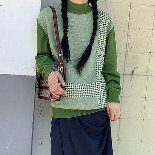 Houndstooth Panel Sweater / Midi Straight-fit Skirt