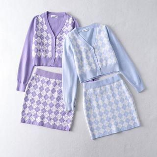 Set: Argyle Cardigan + Knit Mini Pencil Skirt