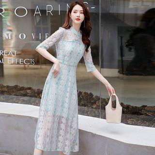 Elbow-sleeve Traditional Chinese A-line Lace Dress
