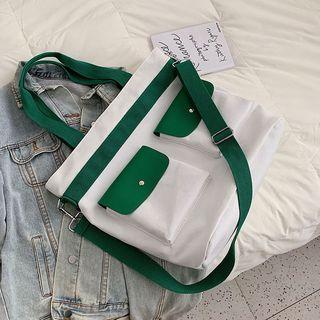 Contrast Color Pocketed Canvas Tote Bag