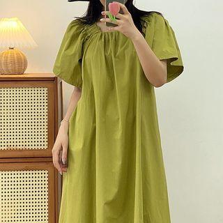 Elbow-sleeve Off Shoulder A-line Dress Yellowish Green - One Size