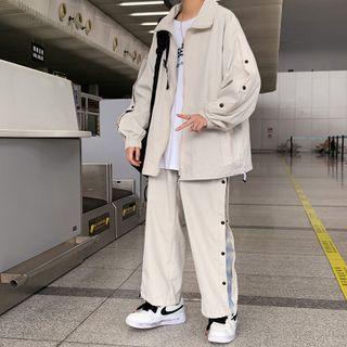 Set: Plain Zip-up Jacket + Plaid Panel Button-side Pants