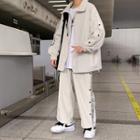 Set: Plain Zip-up Jacket + Plaid Panel Button-side Pants