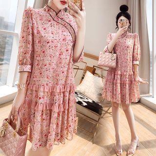 Elbow-sleeve Floral Print Frill Trim Shift Qipao Dress