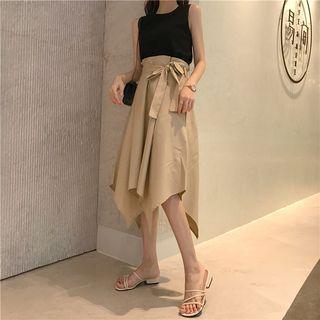 Plain Slim-fit Sleeveless Top / Irregular Skirt
