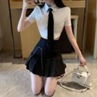 Short-sleeve Tie-neck Top / Pleated Mini A-line Skirt / Set