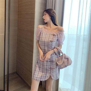 Puff-sleeve Frog Buttoned Plaid Dress