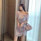 Puff-sleeve Frog Buttoned Plaid Dress