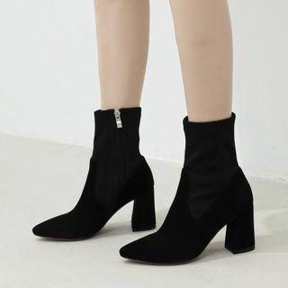 Genuine Leather Chunky Heel Pointed Short Boots