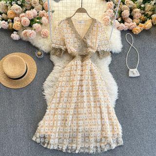 V-neck Lace Panel Floral Embroidered Midi A-line Dress
