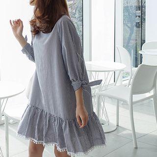 3/4-sleeve Frill Tasseled-hem Striped A-line Dress