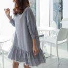 3/4-sleeve Frill Tasseled-hem Striped A-line Dress