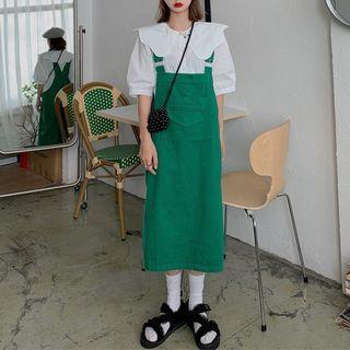 Midi Overall Dress / Elbow-sleeve Blouse
