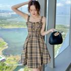 Heart Buckled Strap Plaid Lace-up Mini A-line Dress