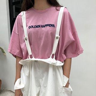 Set: 3/4-sleeve Letter T-shirt + Frill Trim Suspender Shorts T-shirt - Pink - One Size