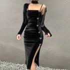 Set: Spaghetti Strap Bow-accent Slit Velvet Midi Bodycon Dress + Cardigan