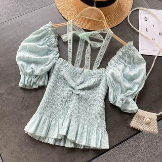 Lace Halter Puff-sleeve Suspender Top