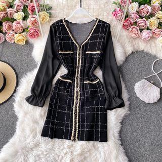 V-neck Long-sleeve Check Knit Dress Black - One Size