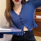 Long-sleeve Frill Trim Button Knit Top As Shown In Figure - One Size