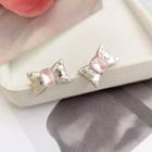 Sterling Silver Ribbon Stud Earring 1 Pair - Silver & Pink - One Size