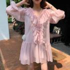 V-neck Ruffle-trim Mesh Dress Pink - One Size