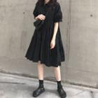 Elbow-sleeve Midi A-line Shirt Dress Black - One Size